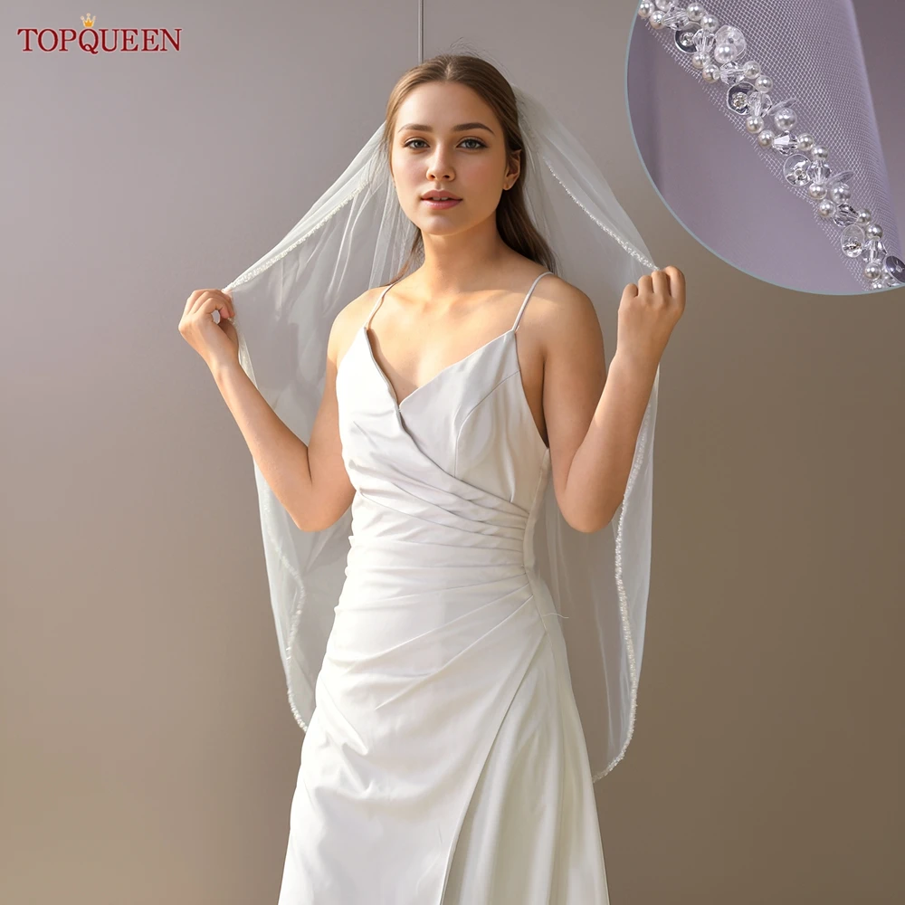 TOPCLS EEN-Fil doux à bord perlé fait à la main pour patients, voile monocouche, longueur du coude, blanc, ivoire, accessoires de mariage, V134