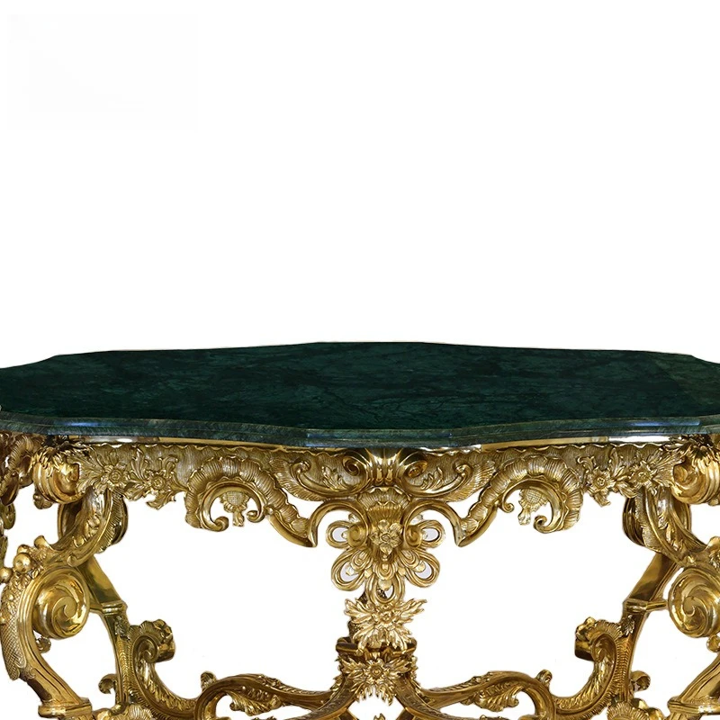 French classical art table, copper large flower green marble countertop, living room side table