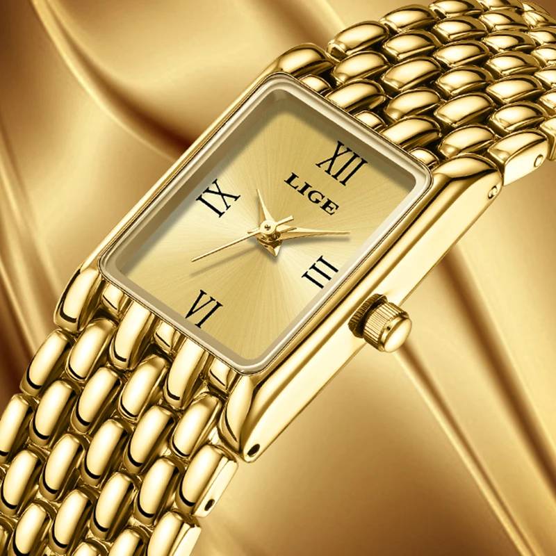 LIGE 2025 новые золотые кварцевые часы для женщин, модные водонепроницаемые женские часы-браслет из нержавеющей стали, спортивные квадратные часы Montre Femme