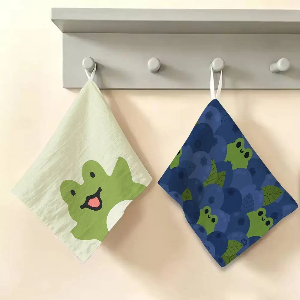 Cute Frog Hand Towel Cartoon Frog Polyester Cotton Hand Towel Soft Quick‑Drying Kitchen Bathroom Dish Cloth Home Daily Use