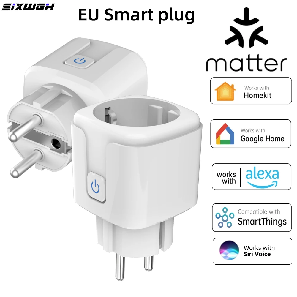 WiFi Matter Smart Socket EU Plug, Works with HomeKit Siri Alexa Google Home Voice Control, Wireless Remote Control Timer Socket