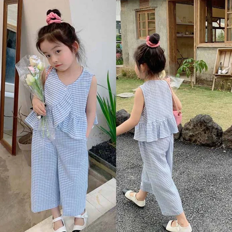 Girls' Summer Suits Fashionable Plaid Sleeveless Top+Trousers2Set Children One Piece Dropshipping