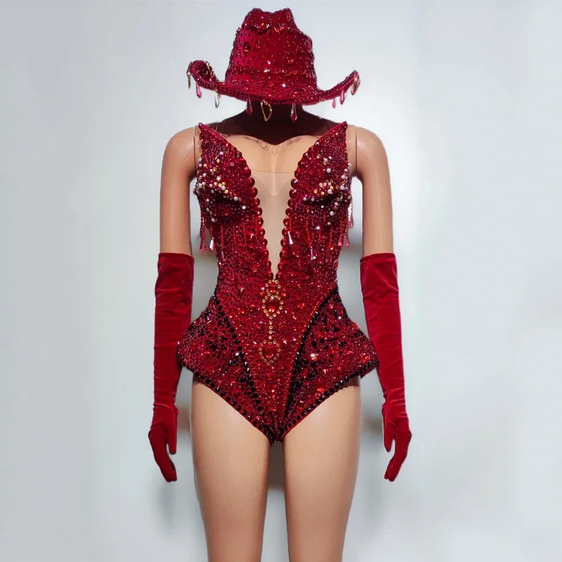 Women Singer Festival Outfit Bar Nightclub Dj Ds Gogo Costume Pole Dance Clothing Red Sliver Full Rhinestones Bodysuit Hat
