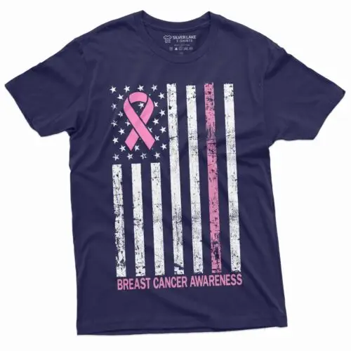 Breast Cancer Awareness T-shirt Cancer Ribbon USA Flag Awareness Day Tshirt Tee