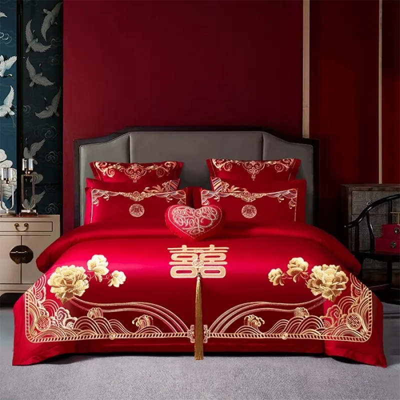 Imagem -06 - Luxo Golden Loong Phoenix Bordado Conjunto de Cama 100 Algodão Casamento Chinês Red Duvet Cover Lençol Fronhas Pcs