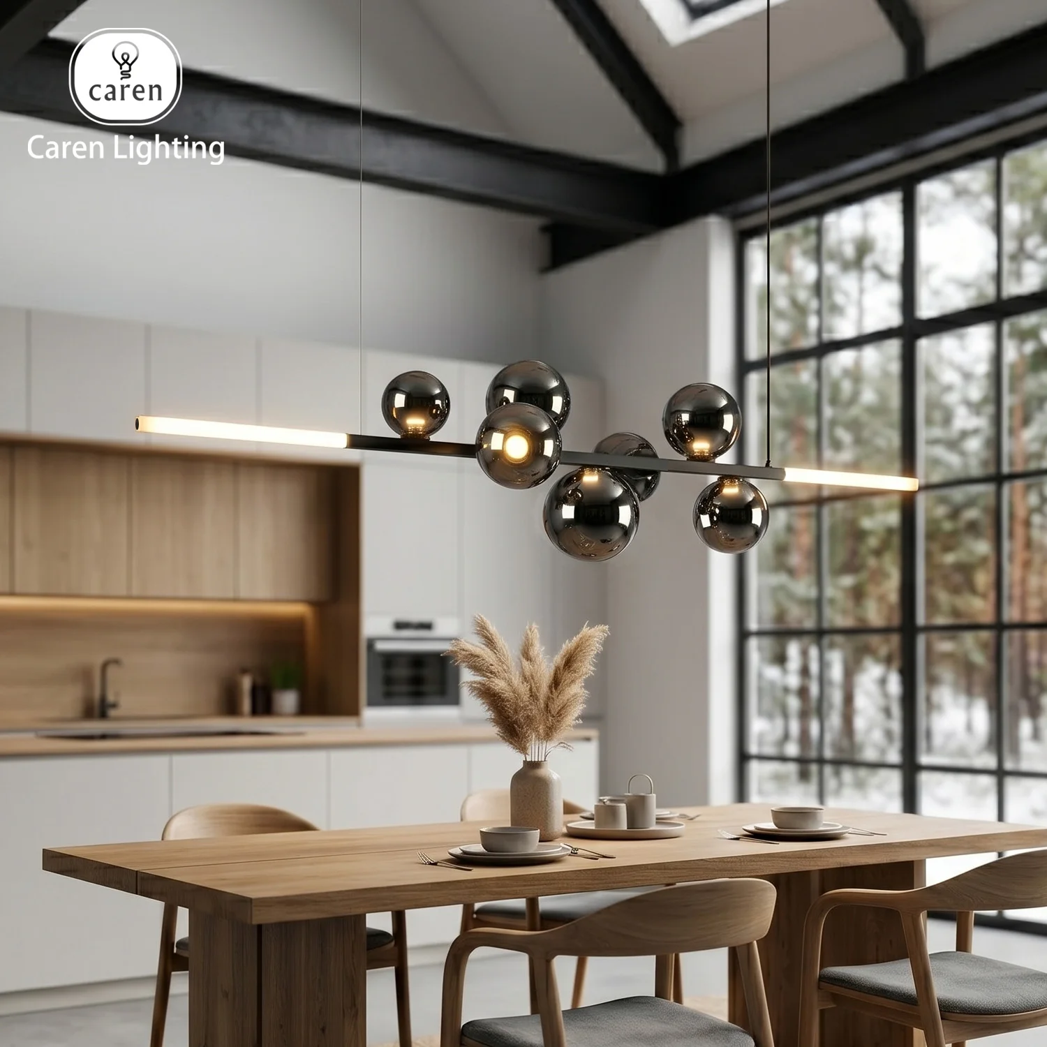 Modern Linear Glass Globe Chandelier LED Kitchen Island Light Scattered Bubbles Acrylic Glow Ends Contemporary Black Dining Room