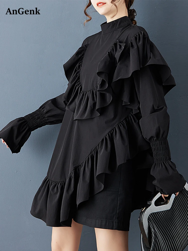 

Women Ruffles Irregular Oversized Blouse New Stand Collar Long Sleeve Loose Casual Shirt Top Fashion Clothing Spring Autumn 2025