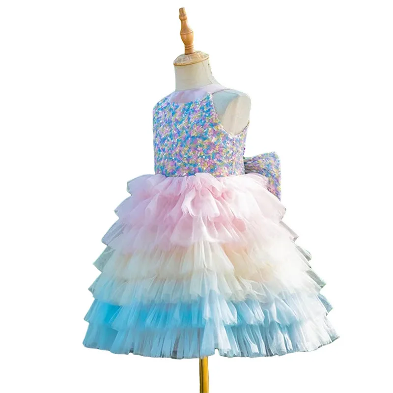 Ins Fashion Sleeveless Glitter Children's Dress Princess Dress Rainbow Cake Glitter Puff Mesh Dress Saint