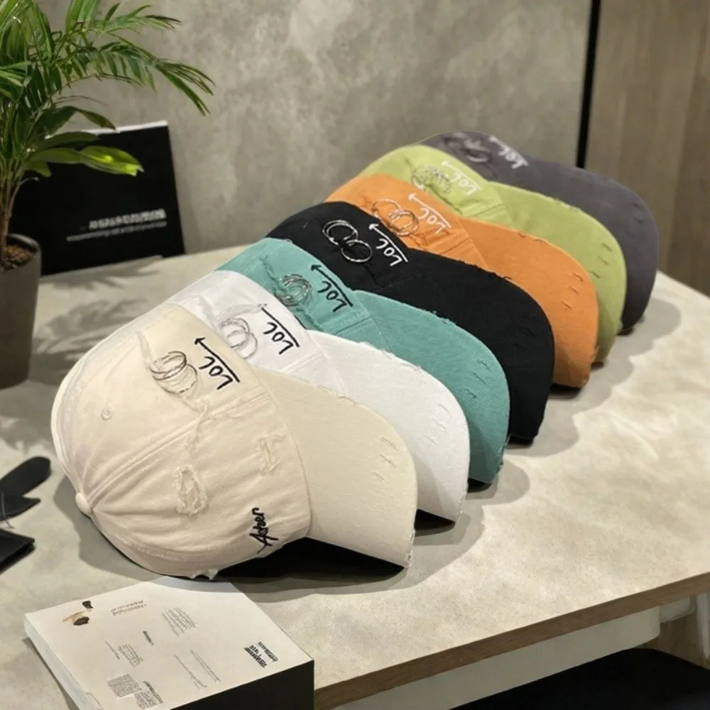 

Trendy Unisex Baseball Cap Asher Embroidery Iron Ring Peaked Cap Adjustable Broken Hole Sun Hat Spring Summer Autumn