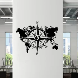 Autocollant Mural avec Carte du Monde et Boussole, Décalcomanie pour Bureau, Chambre à Coucher, Terre, Voyage, Exploration, Décoration de Maison