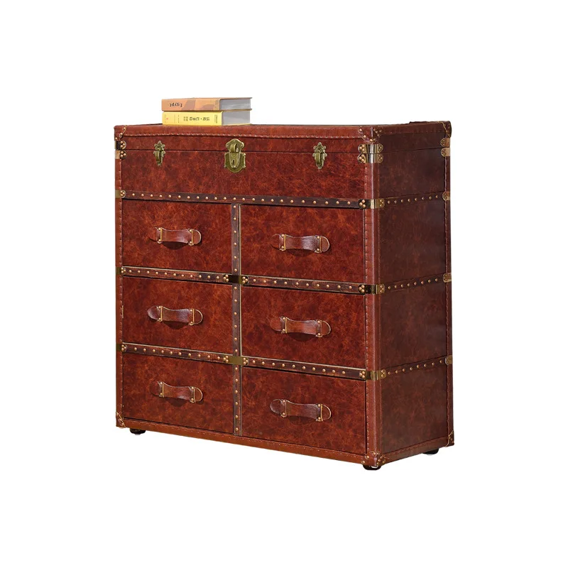 

American medieval country side cabinet nostalgic retro oil wax leather chest cabinet
