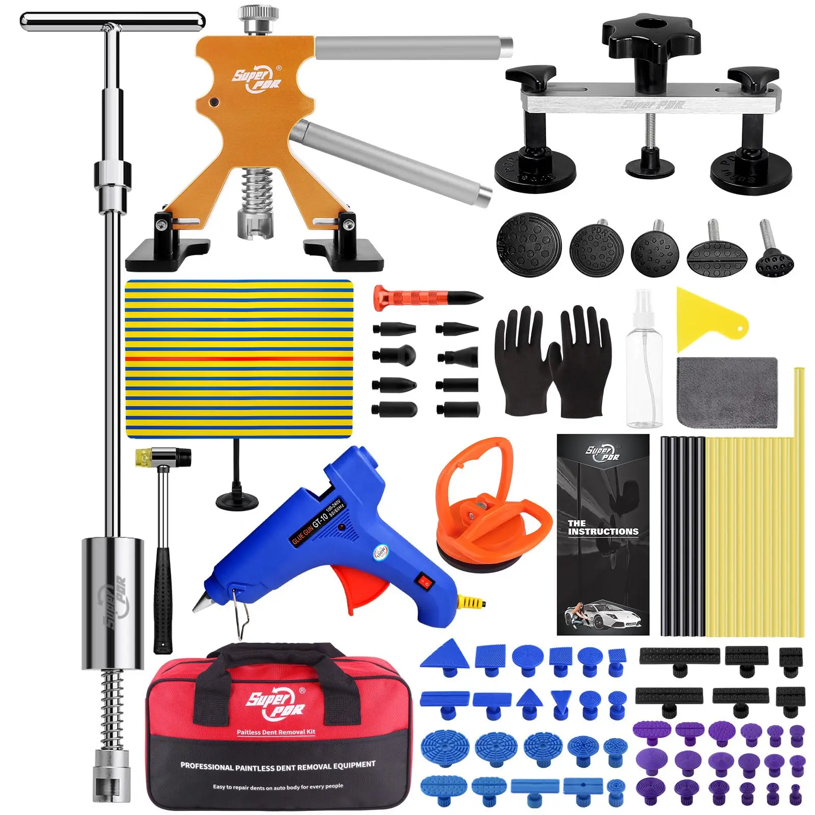 Kit Super PDR Reparación de Abolladuras Profesional Juego de Herramientas para Carrocería con Pistola de Pegamento Extensor Martillo Reparación de Daños por Granizo en Autos DIY Sin Pintura