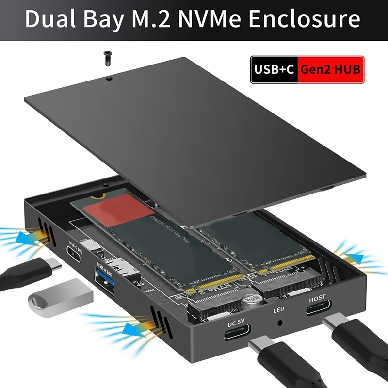 محطة إرساء M.2 Nvme SSD بسرعة 10 جيجابت في الثانية، حافظة محرك الأقراص الصلبة المصنوعة من الألومنيوم ثنائي الخليج للكمبيوتر الشخصي والكمبيوتر المحمول
