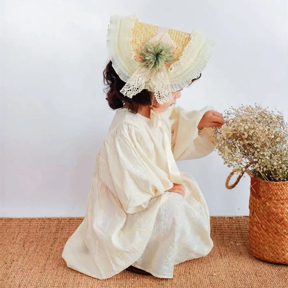 Kids Summer Princess Lolita Hat French Lace Floral Straw Sun Hat Fashion Cute Girls Photo Shoot Outdoor Shade Headwear