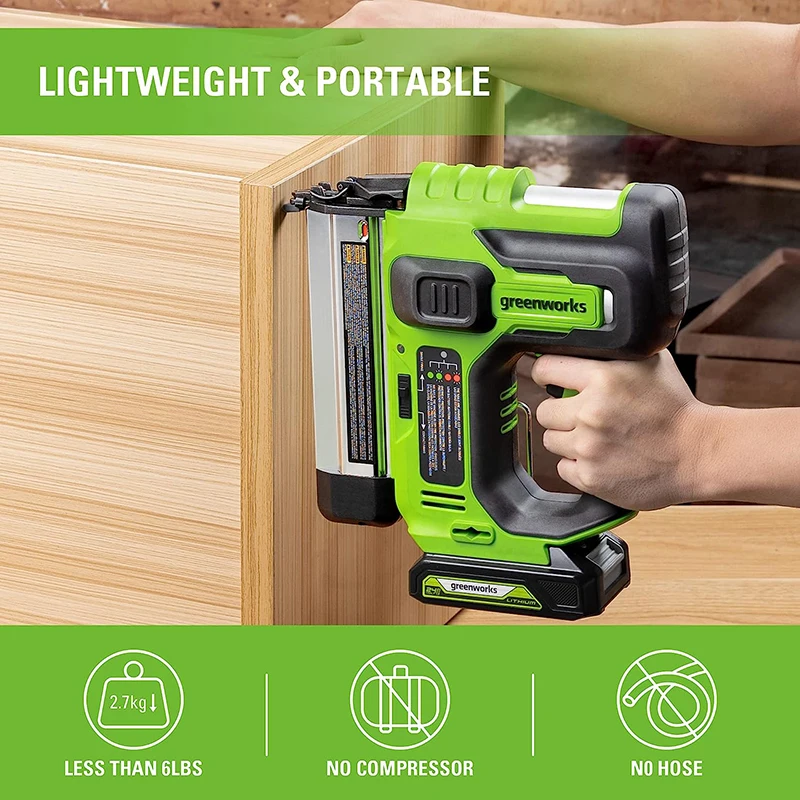 Greenworks 24V 18GA Cordless Brushless Brad Nailer Gun