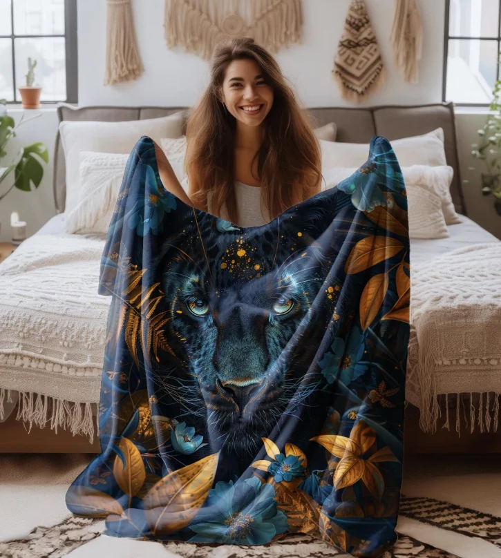 Jaguar Blanket Velveteen Plush Blanket Cozy Blue Floral Golden Leaves Design Home Decor Jaguar Throw Nature Throw Animal Blanket