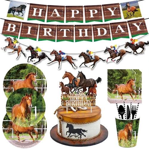 말 파티 장식, 말 생일 배너, 야생 말 종이 접시 컵, 냅킨, 생일 축하 케이크 토퍼, 말 파티 용품 