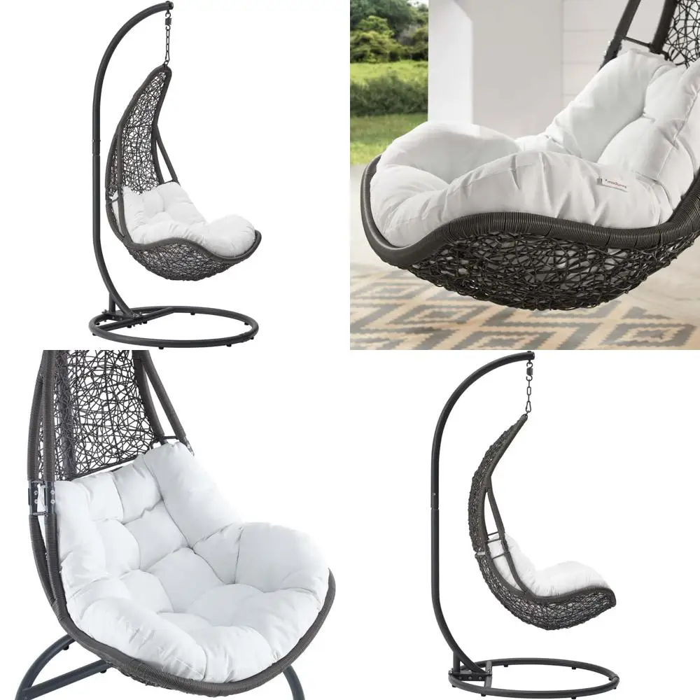 

Gray and White Wicker Rattan Outdoor Swing Chair Set with Stand for Patio Porch Lounge Area