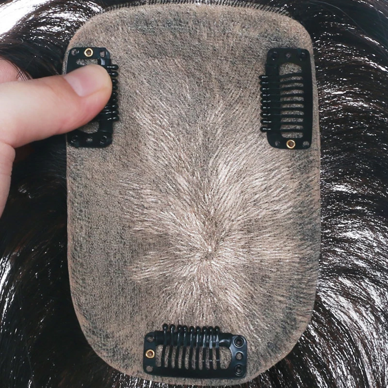 Straight F-Silk Base Virgin Hair Topper For Women Breathable Human Hair Wigs Handmade Human Hair Pieces With Clips Natural Color image 5