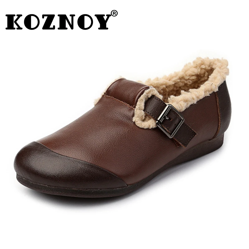 Koznoy 1.5cm Retro Ethnic Genuine Leather Big Size Winter Mixed Color Women Soft Oxford Soled Flat Warm Fur Buckle Loafers Shoes