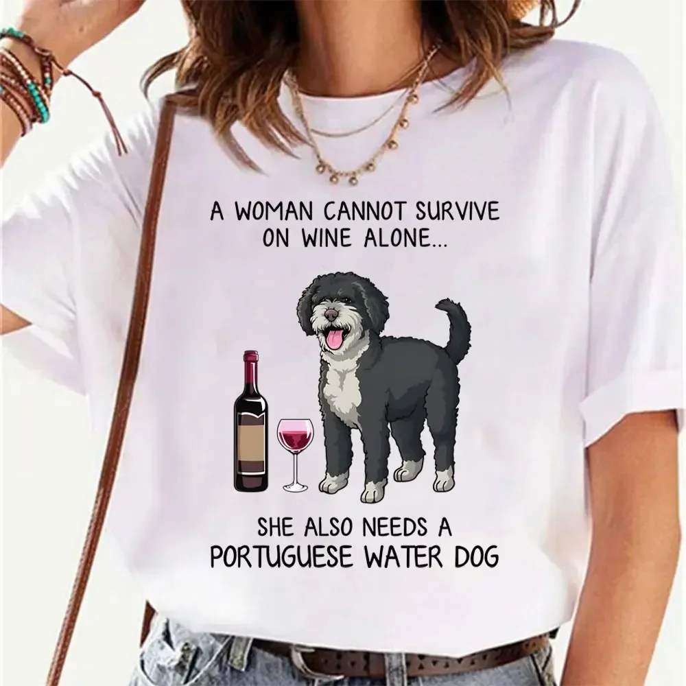 Portuguese Water Dog and Wine Funny Gift for Dog Mom Women's T-shirts Casual Short Sleeve T-Shirt Anime Cartoon Girl's Tees Tops