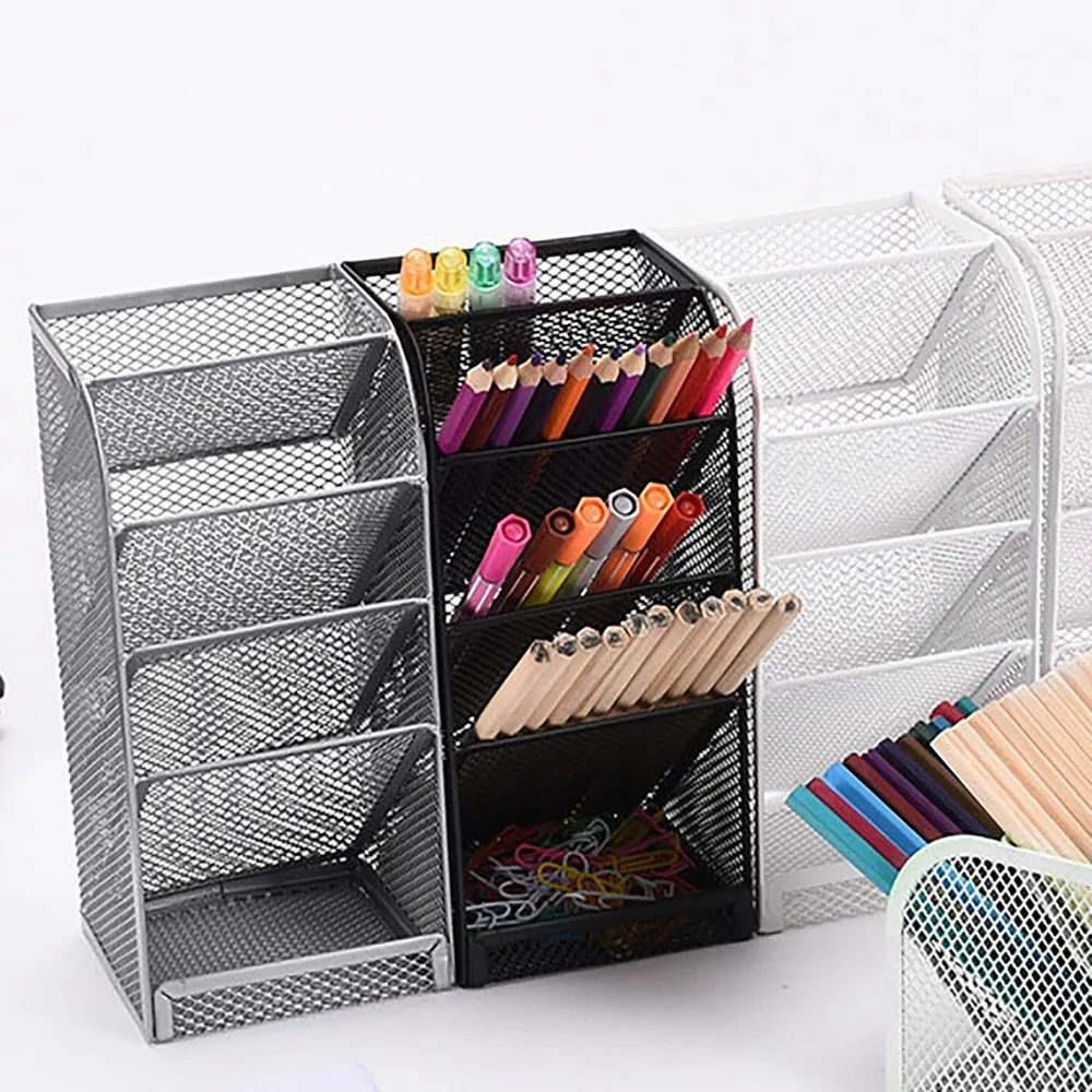 Mesh Pencil Pen Holder 5 Slots Oblique Insertion Type Stationery Storage Box Multi-Functional Metal Makeup Brushes Organizer