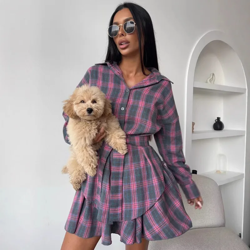 

Fashion Trendy Plaid Blouse Ruched Skirt 2 Piece Set Women's British Style Casual Loose Lapel Tops Pleat Skirt Hottie Streetwear