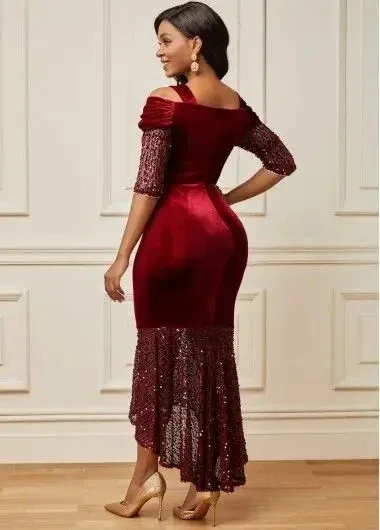 Burgundy Velvet Mermaid Sequined Prom Dresses V Neck Half Sleeves High Low Evening Gowns Formal Occasion Party Dress