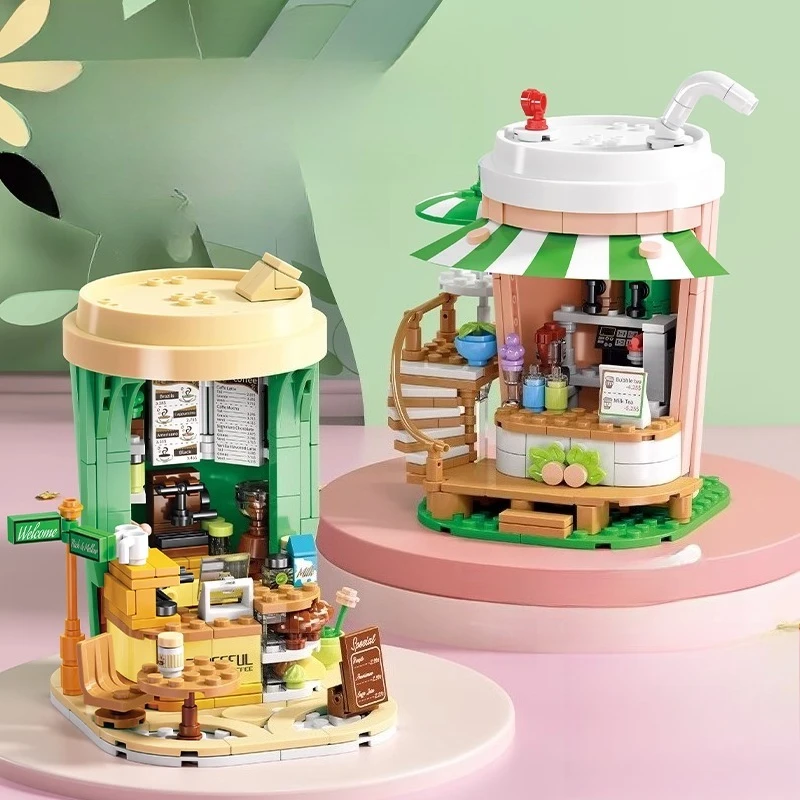 셈보 밀크티 가게 블록 창의적인 어린이 미니 거리 풍경 수제 조립 모델 교육용 커피숍 장난감 선물