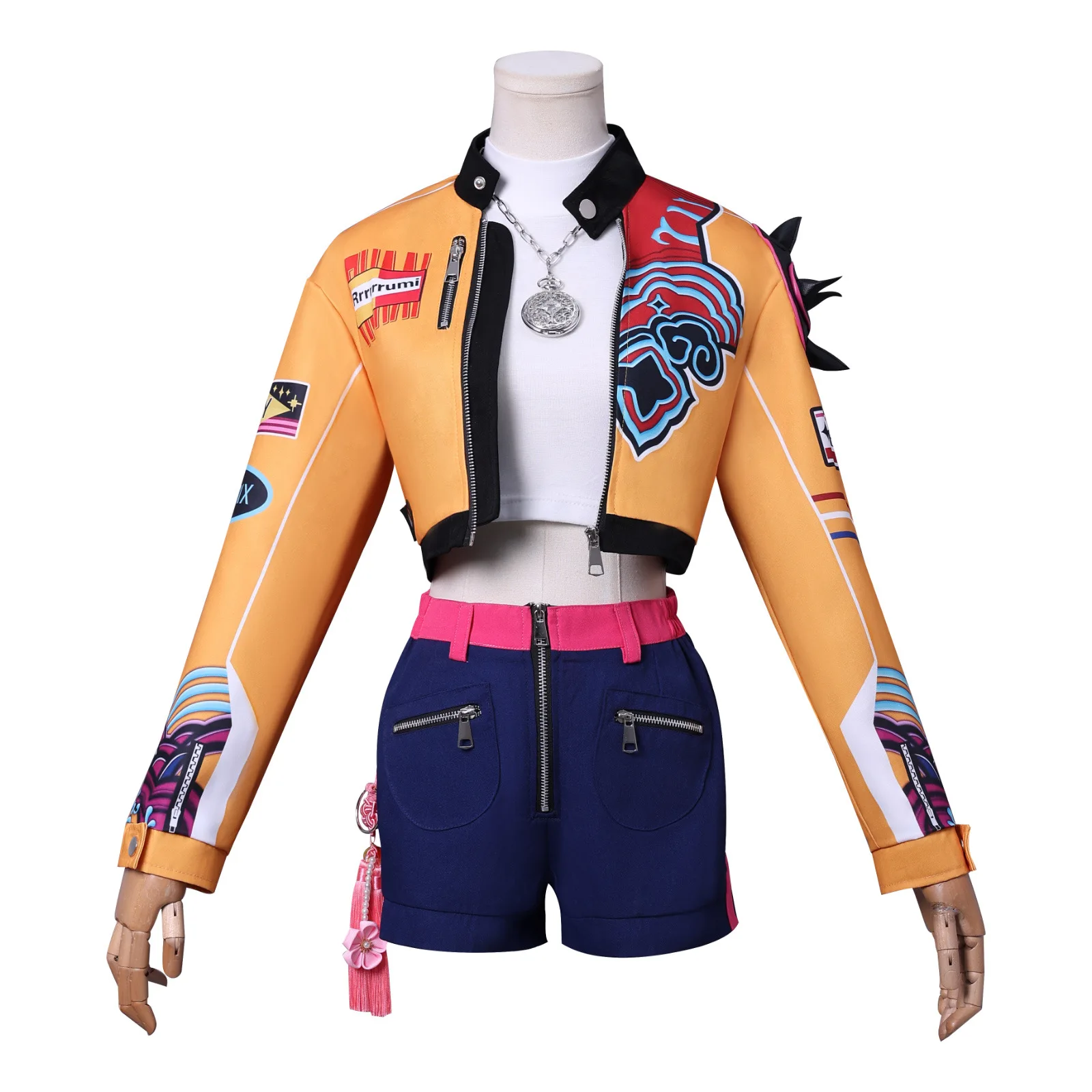 

Rumi Cosplay Costume Anime Movie KPop Demon Hunters Yellow Jacket Huntrix Uniform Earrings Shorts Halloween Women Girls