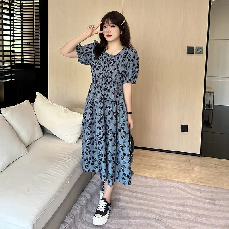 Bubble Sleeve A-line Floral Dress 2024 Summer Collection Elegant and Slimming Women's Shirring Dress