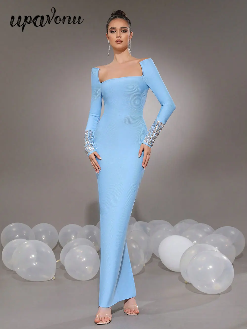 

2025 New Women'S Elegant Bandage Dresses Square Neck Long Sleeved Nail Bead Design Bodycon Long Dress Evening Party Vestidos