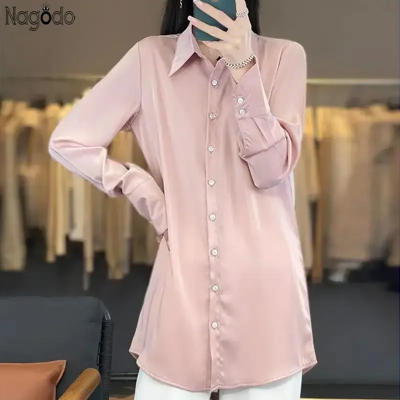 

Summer Women Satin Long Sleeve Shirt Casual Ice Silk Button Midi Blouse Turn-down Collar Tee Lady Plain Shirts Women's Blouses