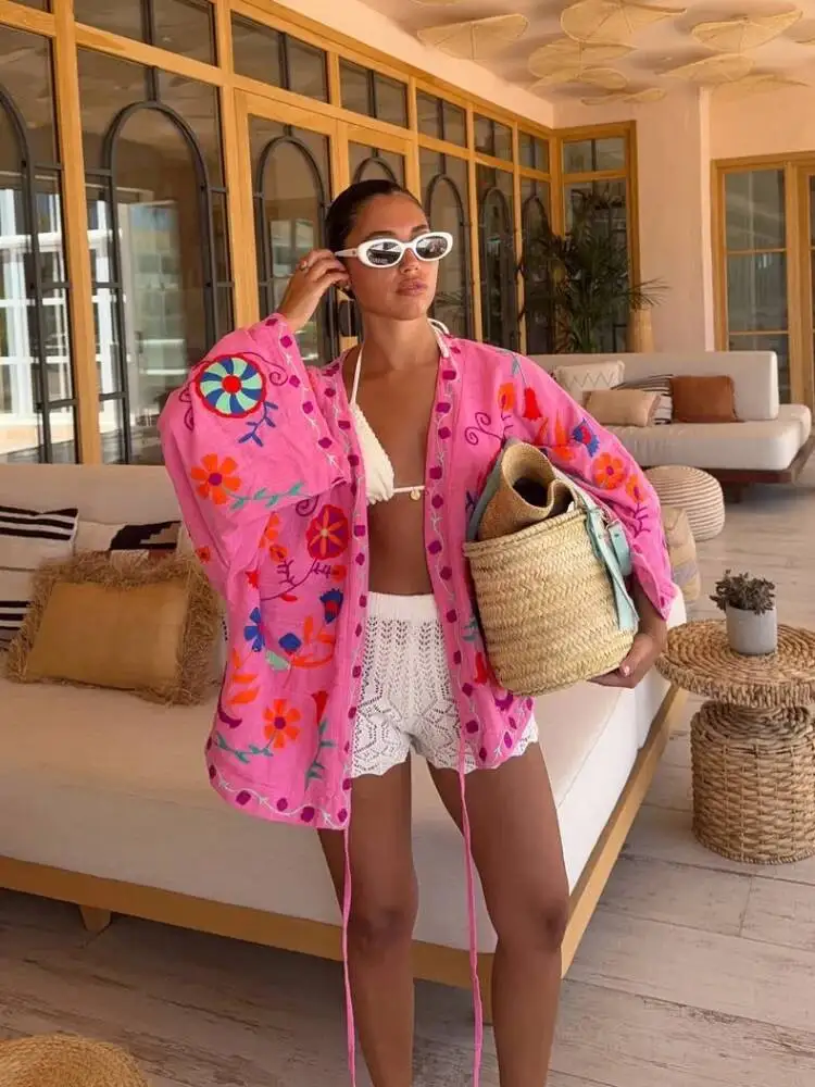 

Chic Embroidery Pink Lace Up Woman Short Coat Casual Long Sleeves V Neck Jacket 2025 New Autumn Lady Commuter Street Outerwear