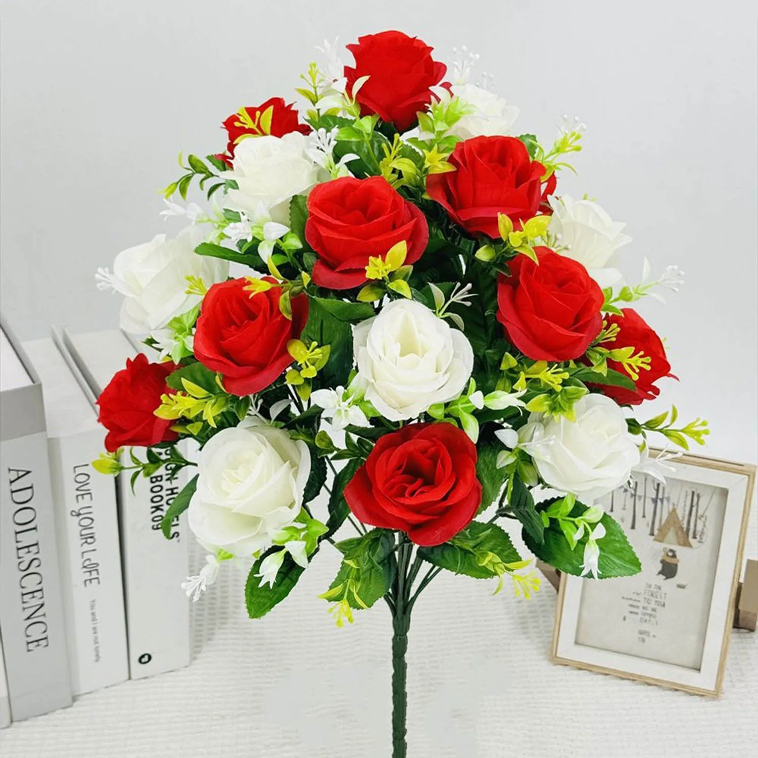 1pc Cemetery Memorial Artificial Flower Silk Rose Bouquet with Vase Sympathy Fake Floral Grave Funeral Deco Multicolor