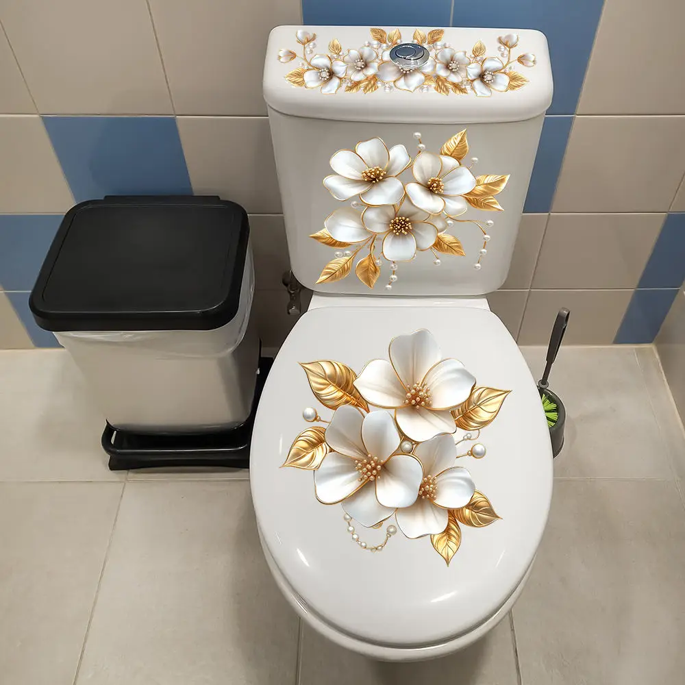Beautiful Gold Foil Pearl Magnolia Toilet Decor Sticker Luxury Bathroom Art Decal Waterproof Mural Home Improvement Cover