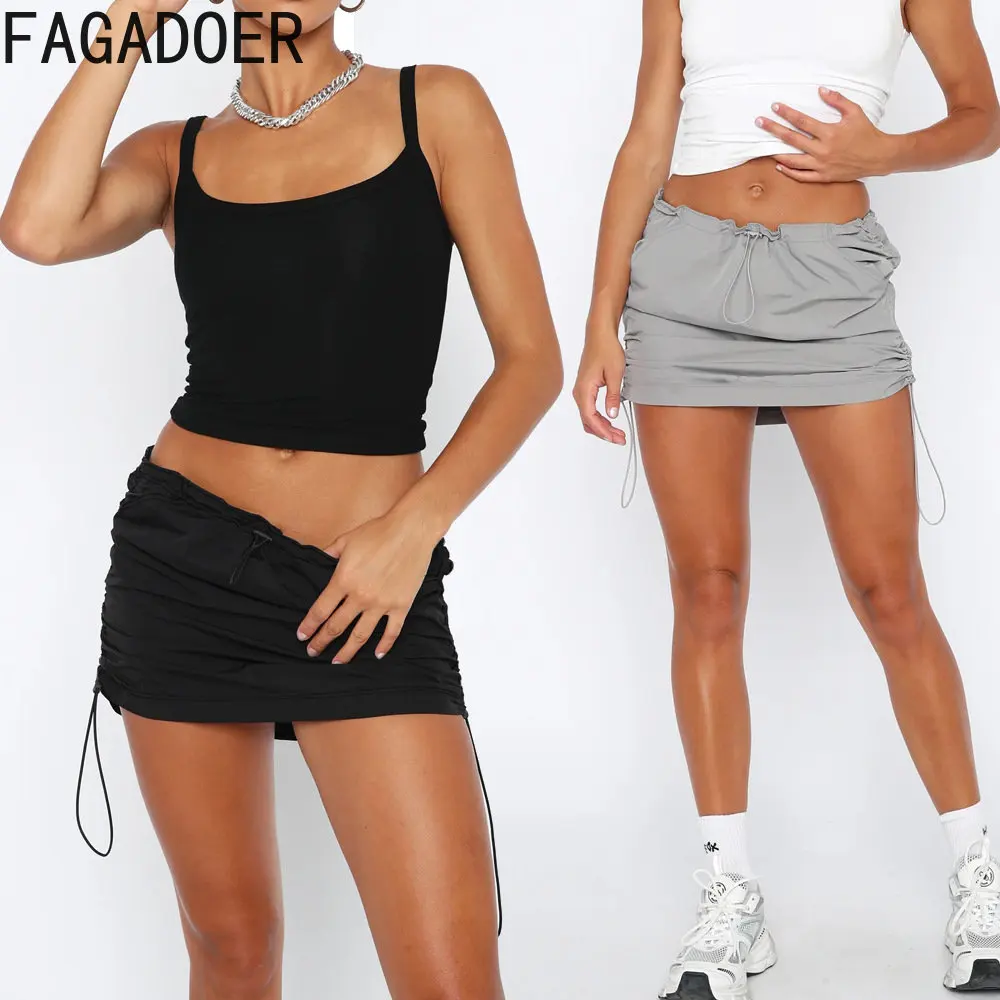 

FAGADOER Sexy Drawstring Design Mini Skirts Fashion Women High Waisted Pleated Pocket Skirts Casual Female Solid Color Bottoms