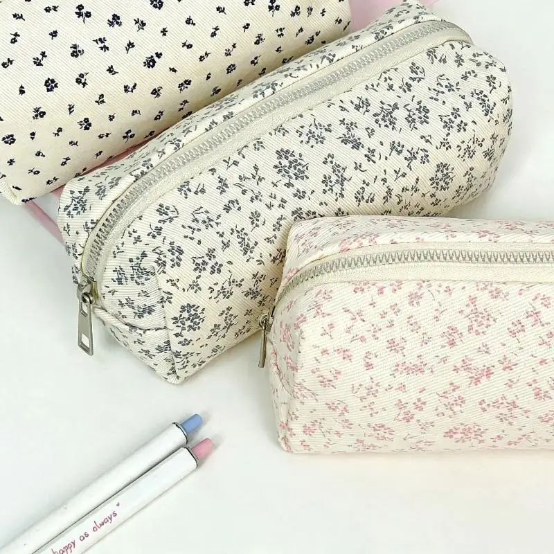 Cute Canvas Pencil Case With Floral Print Large Storage Capacity Perfect For Students School Office Stationery Organization