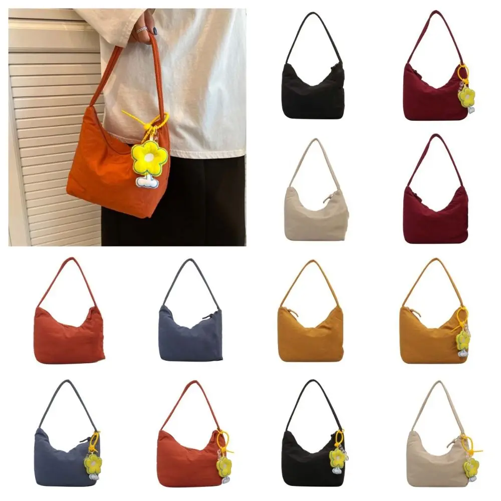 

Korean Style Solid Color Hand Bag Dumplings Bag with Flower Pendant Light Soft Nylon Bag Tote Bag Large Capacity Shoulder Bag
