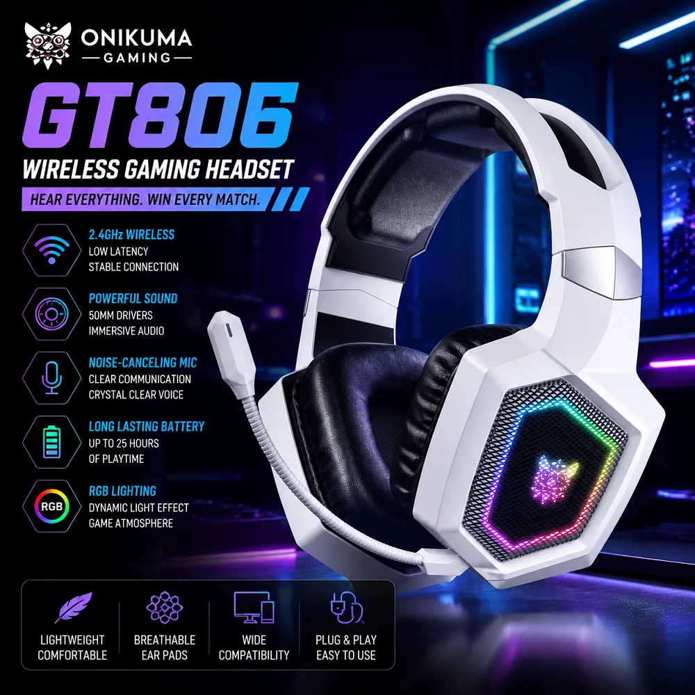 ONIKUMA GT806 2.4GHz Wireless Gaming Headset – HiFi Sound Quality, Noise-Canceling Mic & Comfortable Fit for PC/Laptop Gamers.