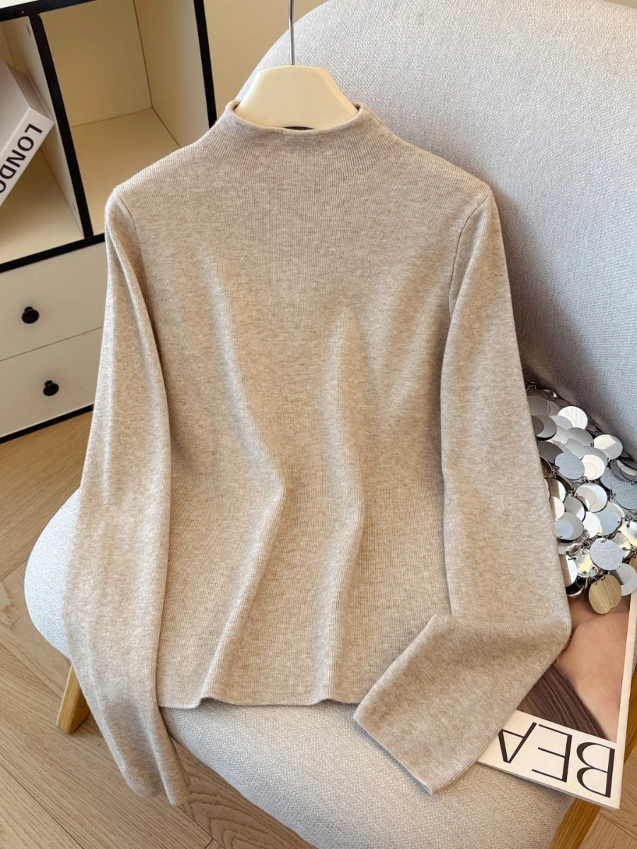 

Blubelle Women's Small Stand Collar Knit Long Sleeve Base Layer Soft Solid Color Simple Design Spring Autumn Winter