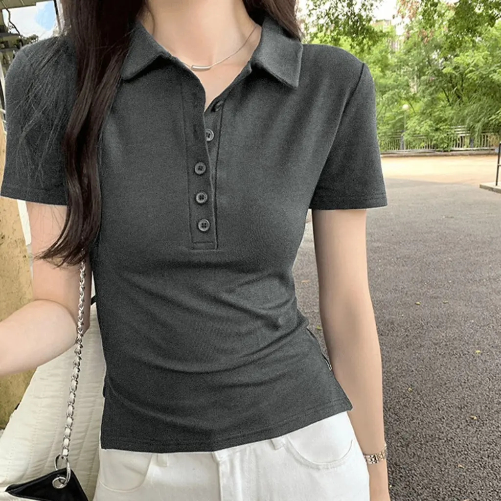 

Women's Slim Fit Polo Shirt Summer Elegant T-Shirt Short Sleeve Button Collar Work Clothing Right Shoulder Fashion Trend