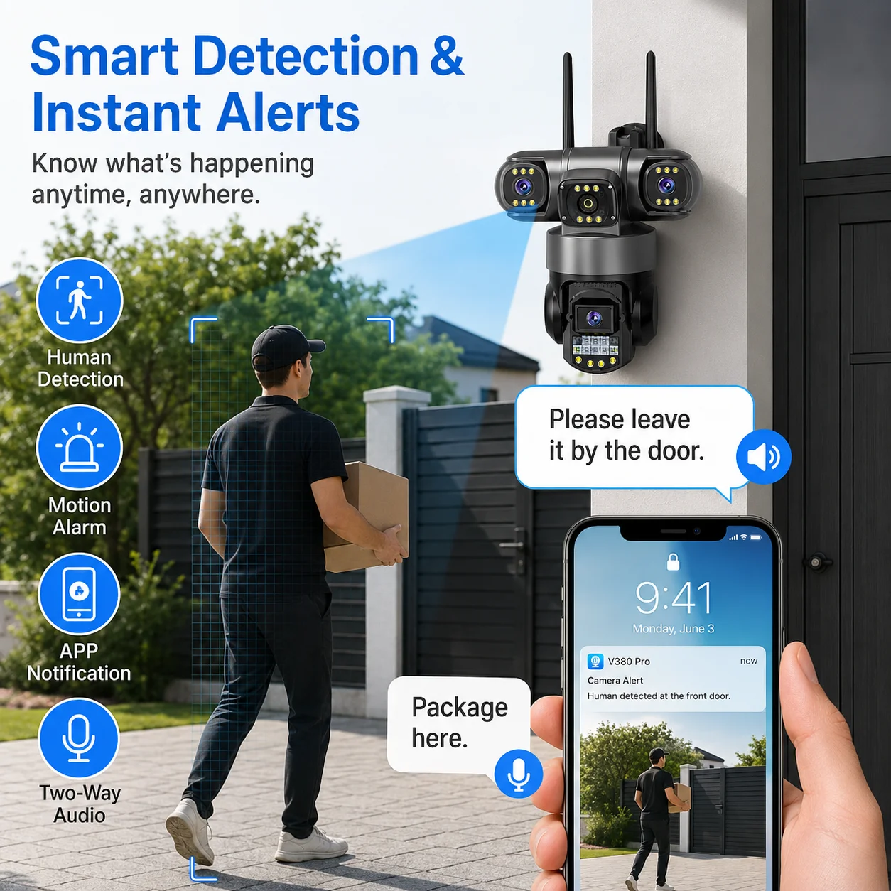Caméra 256 Go avec carte SIM, 12MP, 6K, 4G/Wi-Fi, triple objectif, triple écran, vision nocturne, protection de sécurité, surveillance vidéo