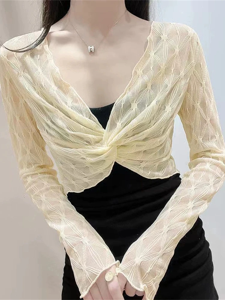 

Summer Women's Short Lace Crop Top with Netting Cover up Sun Protection V-Neck Long Sleeve Slim Fit Korean Style Dress