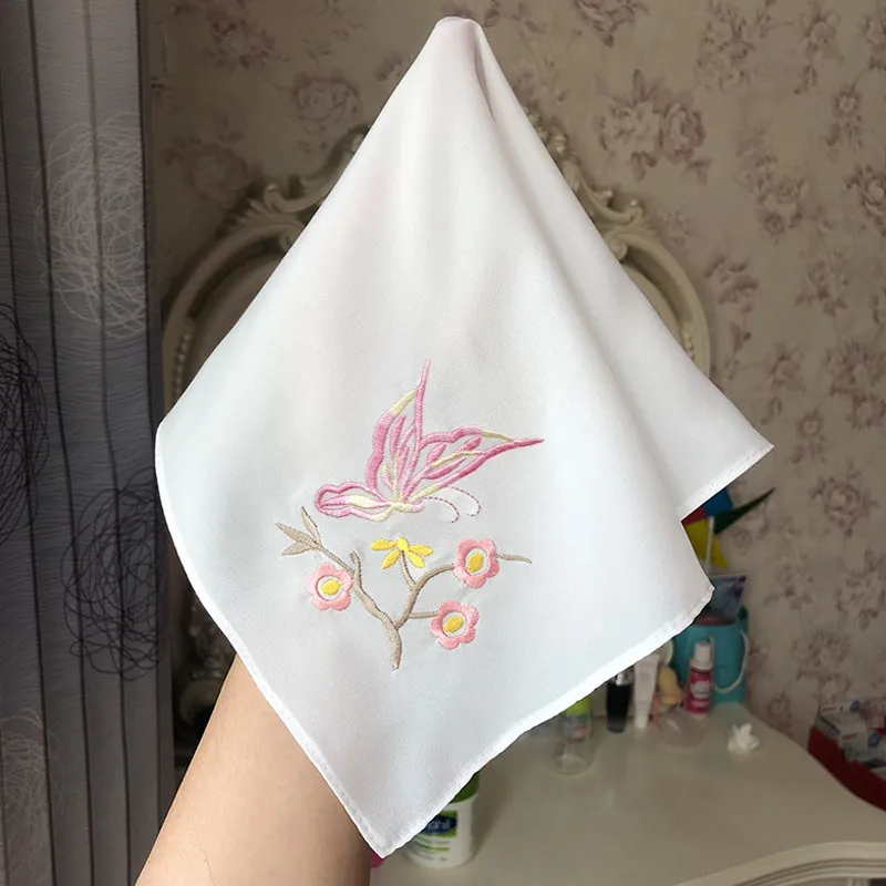 Traditional Chinese Hanfu Soft Embroidered Handkerchief 100% Cashmere 35x35cm Exquisite Floral Butterfly Pattern Vintage Hanky