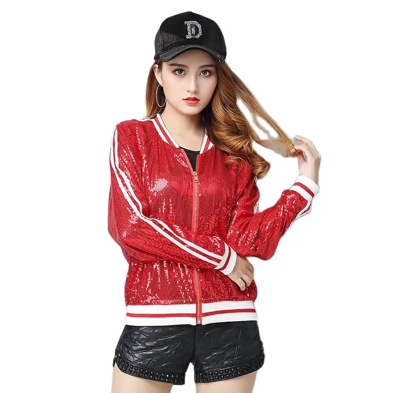 

Coat Female Tide Ins Autumn Heavy Industry Sequined Zipper Short Joker Striped Casual Coat Spring And Autumn New Fashion Female