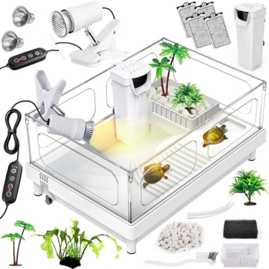 

Small Turtle Tank Kit Tank+Light+Filter,Acrylic Turtle Tank Starter Kit with Bask Platform, Bottom Drain, Multi-Function Area f