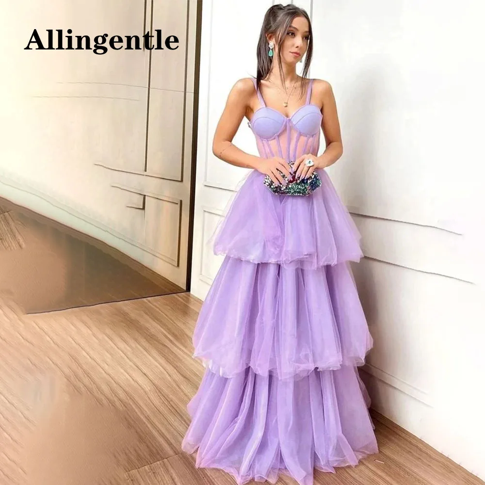 Allingentle Elegant Prom Dresses for Party 2023 Burgundy A Line Spaghetti Straps Tulle Evening Gowns Lady Formal Occasion Dress