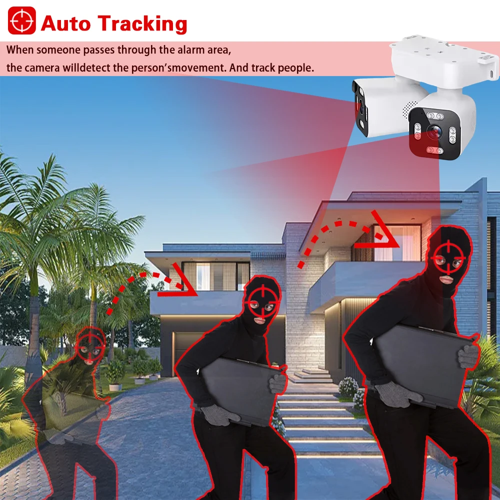 Câmera PTZ WiFi ao ar livre com lente dupla, câmera de vigilância de vídeo IP de rastreamento automático, tela dupla, AI, áudio bidirecional, 10MP, 5K, zoom 10X, CCTV