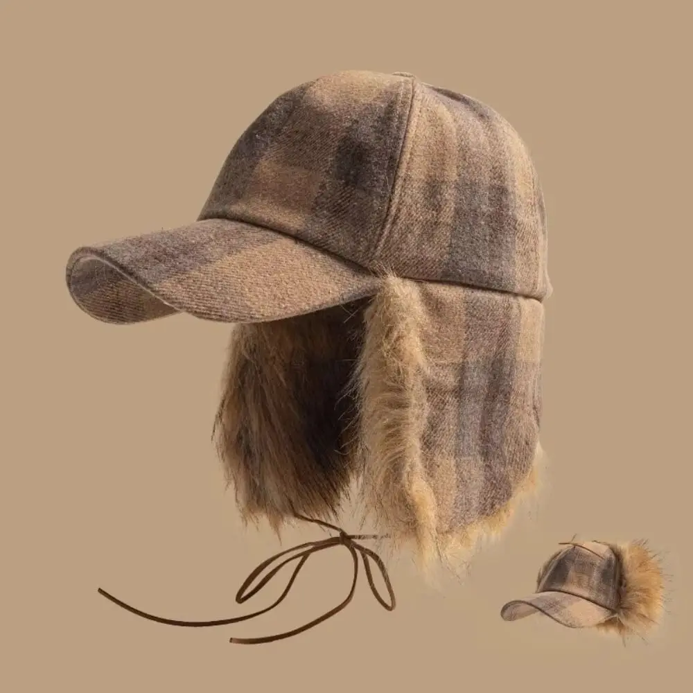 Versatile Faux Fur Pilot Hat Plaid Pattern Lining Bomber Cap Ear Flaps Warm Insulation Ear Protection Caps for Men & Women